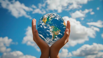 Earth Globe: A photo of a Earth globe with hands holding it up towards the sky