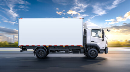 Fototapeta na wymiar A white cargo truck moving with a blank space for a mockup, against a dynamic cityscape and cloudy sky background, concept of transportation and logistics. Generative AI