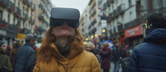 Obraz premium A woman experiencing virtual reality in a busy street, captured in a real-life setting, exploring the concept of tech immersion. Generative AI