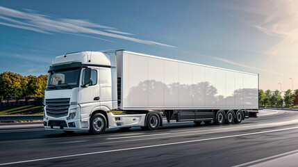 A white truck on the move, featuring a blank cargo space for branding, against a clear sky and roadway, symbolizing transport. Generative AI