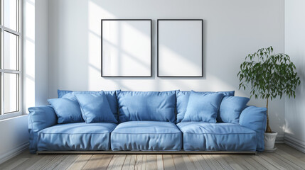 A modern interior with a blue sofa, blank posters on the wall, a potted plant, and natural light, concept of a cozy living space. Generative AI