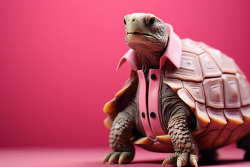 A tiny turtle showcasing its stylish outfit while strolling on a pink background, creating a delightful and professionally captured composition. - obrazy, fototapety, plakaty