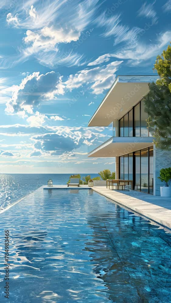 Poster a large house with a pool and a view of the ocean. the pool is surrounded by a white fence and the h