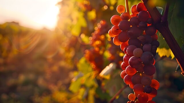 Sun-kissed ripe grapes hanging on vine in vineyard. Tranquil nature scene with warm light. Perfect for winemaking themes. High-quality image for design use. AI