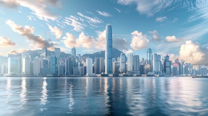 Global Business: A photo of a city skyline with skyscrapers - obrazy, fototapety, plakaty
