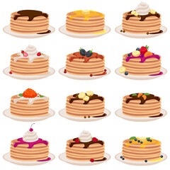 Pancakes with various fillings and berries set, vector illustration isolated.