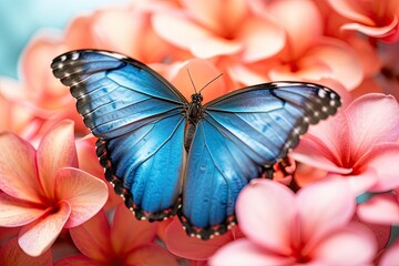 Blue Morpho Butterfly on flowers on white background, Awe-inspiring, Macro View, Depth of Filed,...
