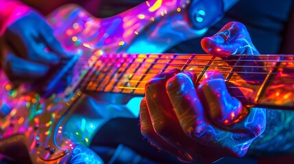 A blue electric guitar stands out against a bright background, ready to rock the night - obrazy, fototapety, plakaty