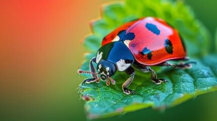 Insects and Bugs: A macro close-up photo of a ladybug crawling on a leaf