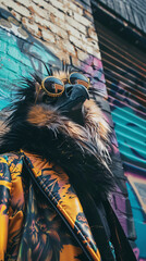 An ostrich with sunglasses and a leather jacket standing in front of a graffiti wall. - obrazy, fototapety, plakaty