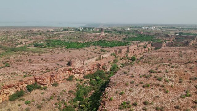 gandikota Madhavaraya Swamy Temple aerial view extreme wide view with walls, push in drone shot at andhra pradesh, india