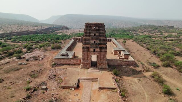 gandikota Madhavaraya Swamy Temple, pull back drone shot at andhra pradesh, india