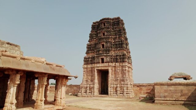 gandikota Madhavaraya Swamy Temple entrance arch, low angle side tracking shot drone shot at andhra pradesh, india, 4k daytime