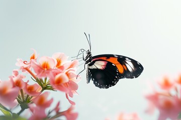 Great Eggfly Butterfly on flowers on white background, Awe-inspiring, Macro View, 