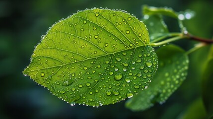 Seasonal Leaves: A photo of a single vibrant green leaf with dew drops