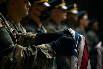Soldiers in uniform at a ceremonial event solemnly displaying the American flag, embodying respect