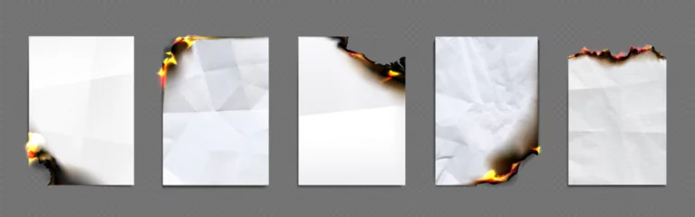Schilderijen op glas Burnt fire paper. Flame page edge design vector. Burn effect on old poster element isolated on transparent background. Ablaze best deal discount flyer template with heat flammable corner texture © klyaksun