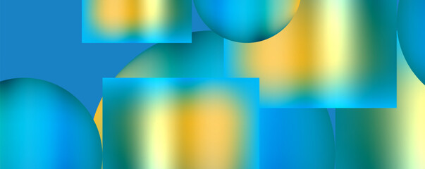 A vibrant abstract background featuring squares and circles in shades of blue and yellow. The colorfulness and electric blue elements create a striking pattern with aqua and magenta accents