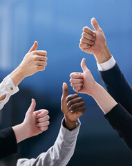 Hands, thumbs up and business people in office with thank you, welcome or success sign on blue...