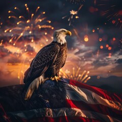 An imposing bald eagle sits in front of the American flag, with celebratory fireworks bursting in the backdrop