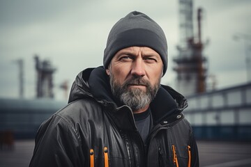Serious oilman in a hat and beard at work against the background of drilling rigs