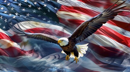 The image presents a bald eagle superimposed on the American flag with striking digital manipulation effects for a dynamic impression - obrazy, fototapety, plakaty