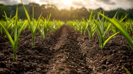 Cultivated sugarcane field, earth day concept, plant in the ground, green world. - obrazy, fototapety, plakaty