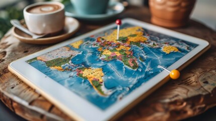 Fototapeta premium World Map: A photo of a world map on a tablet screen, with pins marking locations