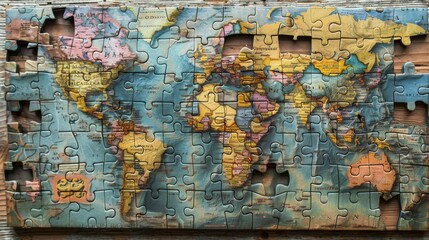 World Map: A photo of a world map puzzle, with pieces representing countries