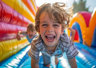 Fototapeta na wymiar A joyful boy with wavy hair screams excitedly while playing on a colorful inflatable
