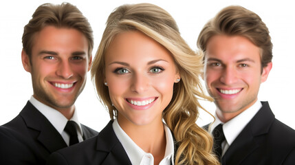 Professional team portrait with a confident young woman leading two smiling businessmen.