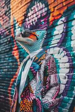 A chameleon wearing sunglasses and a colorful suit stands in front of a brick wall.