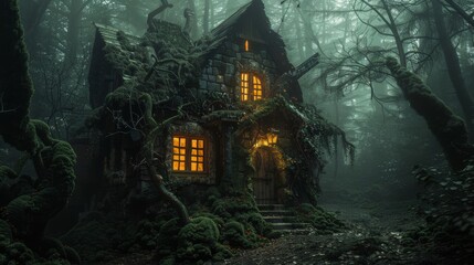 Fantasy Cottage in Mystic Forest with Warm Glowing Windows Surrounded by Fog and Vegetation