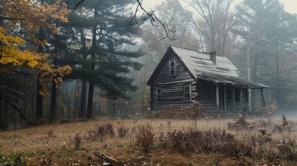 Log Cabin in Autumn Woods with Misty Morning Atmosphere and Seasonal Foliage