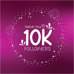 10K followers celebration design with white stars and sparkles on purple background, thanking subscribers on social media