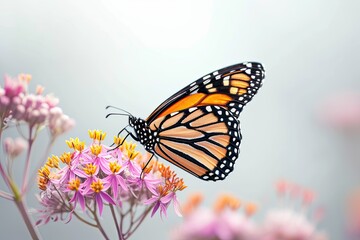 Fototapeta premium Monarch Butterfly on flowers on white background, bliss, Awe-inspiring, Extreme Close-up View, 