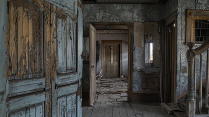 Fototapeta na wymiar Dilapidated Interior of Abandoned Victorian Home with Peeling Wallpaper and Vintage Details