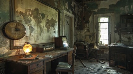 Time-Forgotten Study Room with World Map and Antique Clock in Abandoned Estate