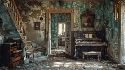 Abandoned House Interior with a Grand Piano and Faded Elegance in Disrepair