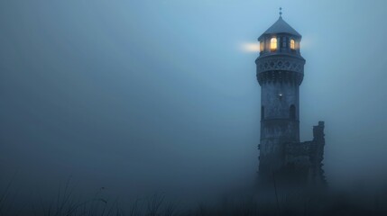 Lone Tower Illuminated in the Misty Haze of a Mysterious Night Landscape - obrazy, fototapety, plakaty