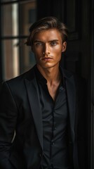 A well-groomed young man poses with intense gaze, wearing a sophisticated suit, highlighting his sharp style and attractive features - obrazy, fototapety, plakaty