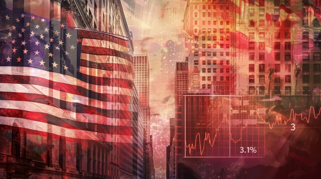 A vibrant composite image blending the United States flag with a bustling cityscape and economic indicators