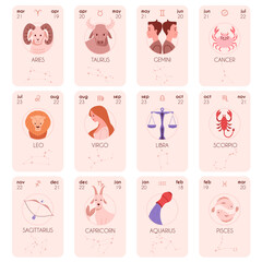 Full set of cards with different zodiac signs flat style