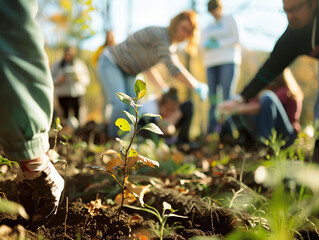 Event style, tree planting event, volunteers in the background, group composition, diffused lighting - Powered by Adobe