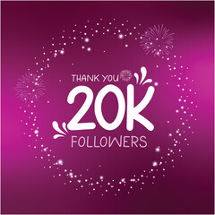 20K followers celebration design with white stars and sparkles on purple background, thanking subscribers on social media