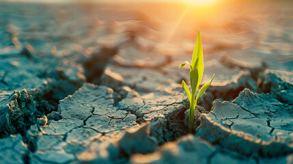 Inspirational style, green shoots sprouting from dry land, symbol of hope, motivational composition - obrazy, fototapety, plakaty