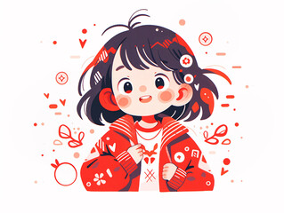 Little child wearing festive red traditional clothes, children celebrating traditional festival lunar new year concept illustration