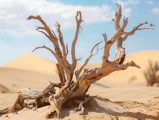 Nature style, dead tree in a desert, sand dunes background, rule of thirds composition, midday lighting