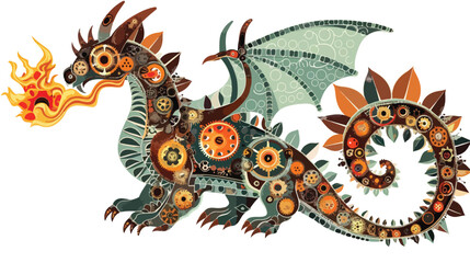 A clockwork dragon breathing fire made of gears