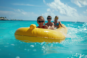 Happy young family rides on an inflatable boat.